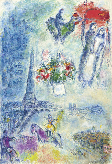Marc Chagall  : Les mariés dans le ciel de Paris , 1980-1981 