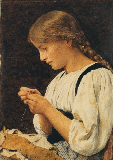 Albert Anker : Nähendes Mädchen im Profil nach links, 1908 