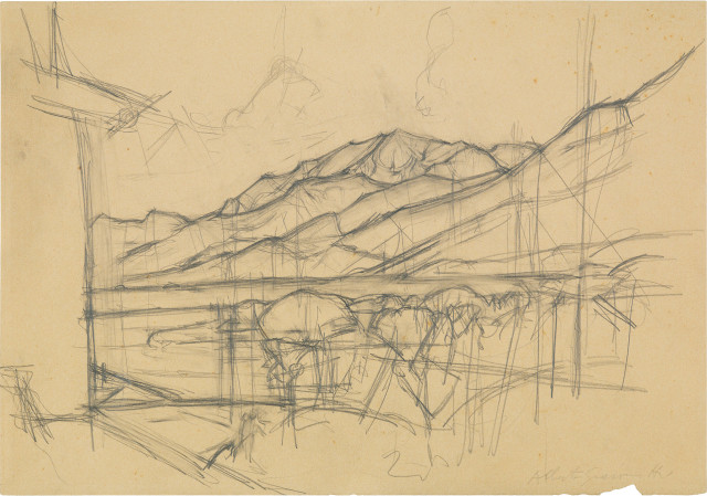 Alberto Giacometti : Blick aus dem Haus Giacometti in Capolago ü..., 1942-1944 