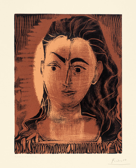 Pablo Picasso : Portrait de Jacqueline en robe imprimée, 15. Februar und 7. März 1962 