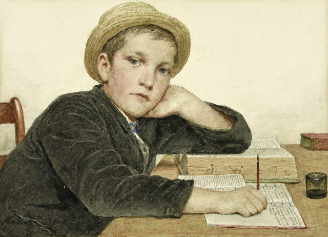 Albert Anker  : Knabe mit Strohhut, bei den Hausaufgaben , 1908 
