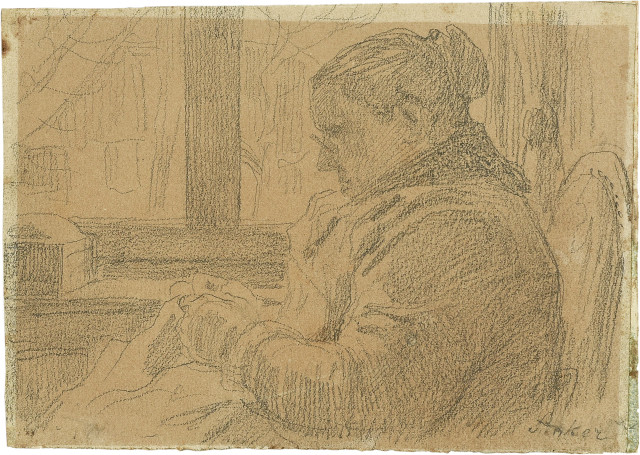 Albert Anker : Sitzende Bäuerin beim Nähen,  