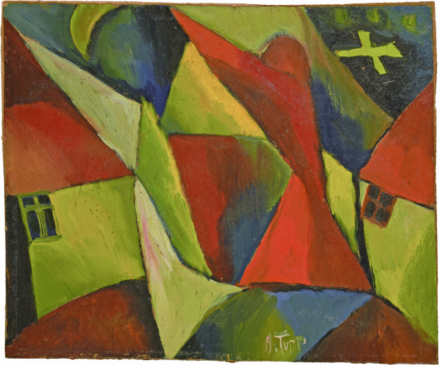 Arnold Topp : Landschaft mit roter Figur und Kreuz, 1918. 