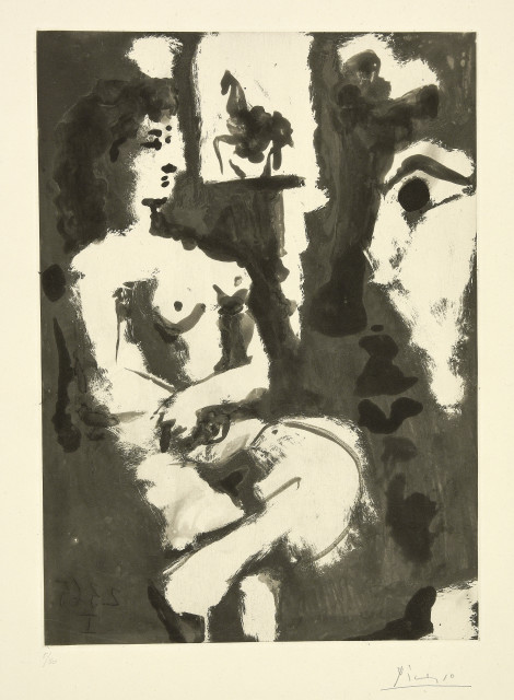 Pablo Picasso : Modèle au repos, avec statue équestre à l'..., Mougins, 2. März 1965. 