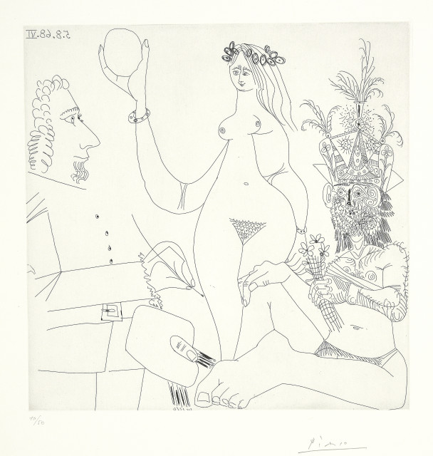 Pablo Picasso  : Peintre devant une des Trois grâces de  ..., Mougins, 5. August 1968. 