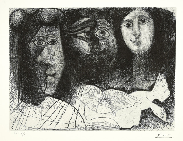 Pablo Picasso  : Autoportrait, avec deux femmes , Mougins, 4. und 6. März 1972. 