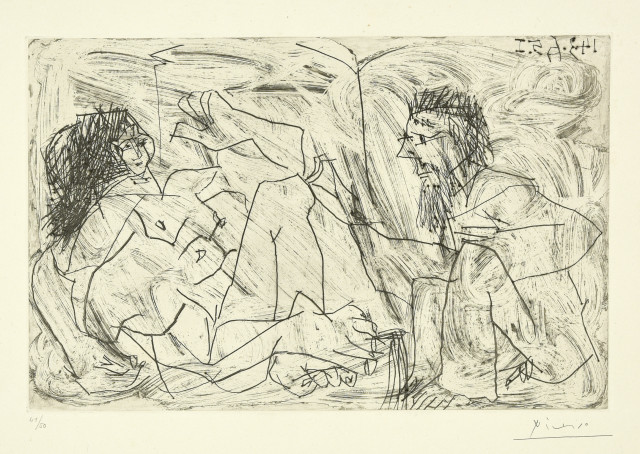 Pablo Picasso  : Homme barbu avec une femme nue , 14.3.1965. 
