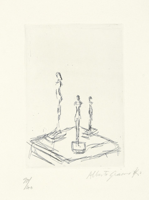 Alberto Giacometti : Trois figurines sur une sellette. III, 1956. 