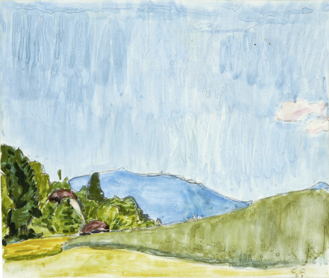 Cuno Amiet : Bauernhof mit Blick auf einen blauen Hügel, 1928. 