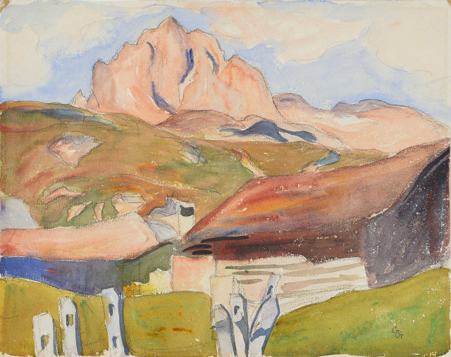 Giovanni Giacometti : Häuser in Capolago mit Blick auf den Piz ..., Um 1918. 