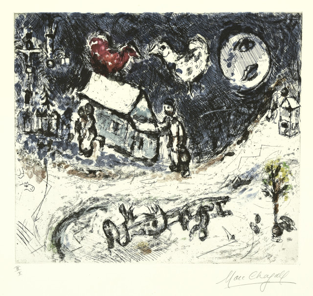 Marc Chagall : Les Coqs sur le toit, 1968. 