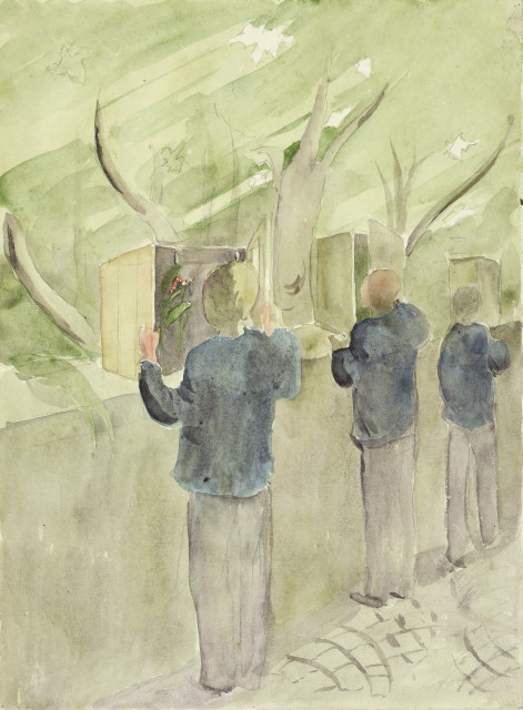 Otto Meyer-Amden : Biologiestunde (3 Knaben vor Raupenkästen), 1928-1932. 