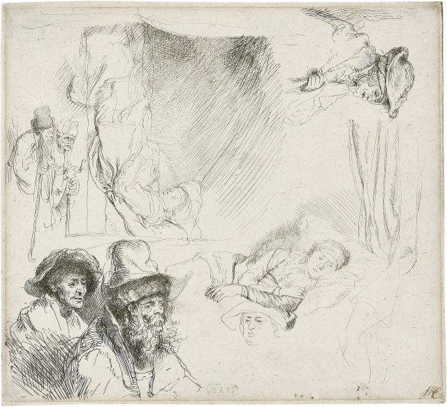Rembrandt Harmensz. van Rijn : Studienblatt mit der im Bett liegenden Frau (..., Um 1639 