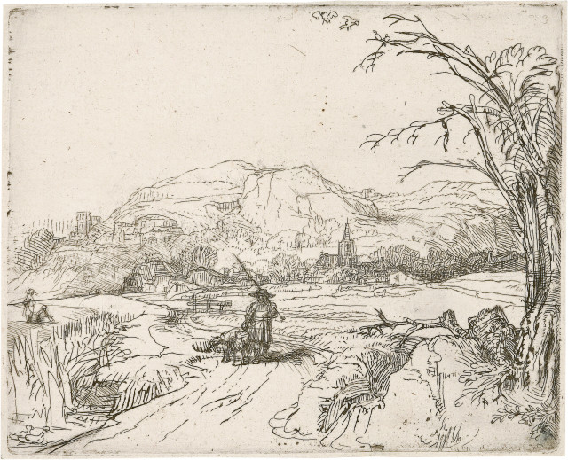 Rembrandt Harmensz. van Rijn : Die Landschaft mit dem Jäger und Hunden, Um 1648 