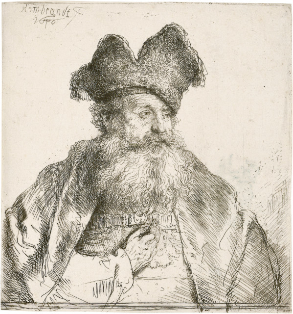 Rembrandt Harmensz. van Rijn  : Greis mit gespaltener Pelzmütze , 1640 