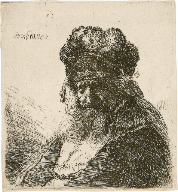 Rembrandt Harmensz. van Rijn : Niederblickender Greis mit hoher Fellmütze, Um 1635 
