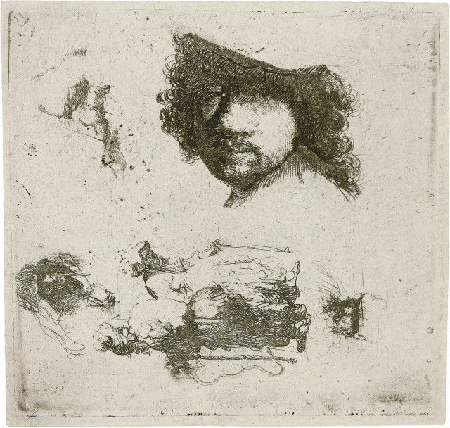 Rembrandt Harmensz. van Rijn : Studienblatt mit einem Selbstbildnis und ..., 1632 