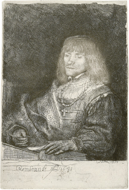 Rembrandt Harmensz. van Rijn : Mann an einem Tisch, mit Halskette und Kreuz, 1641 