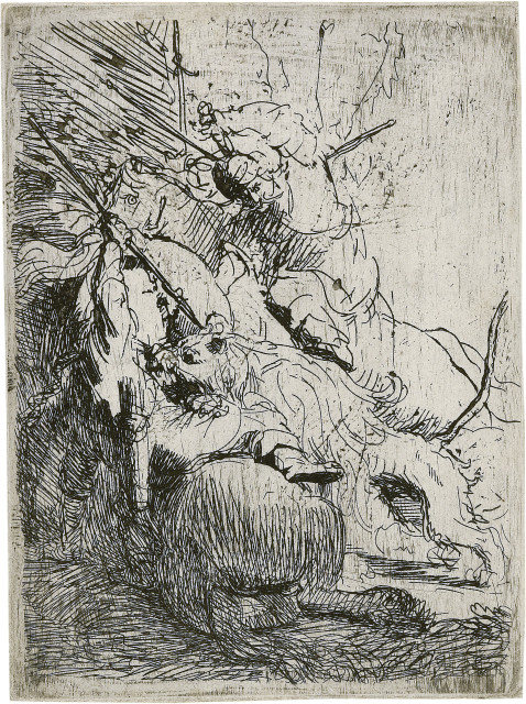 Rembrandt Harmensz. van Rijn : Die Löwenjagd mit einem Löwen und zwei ..., Um 1629 