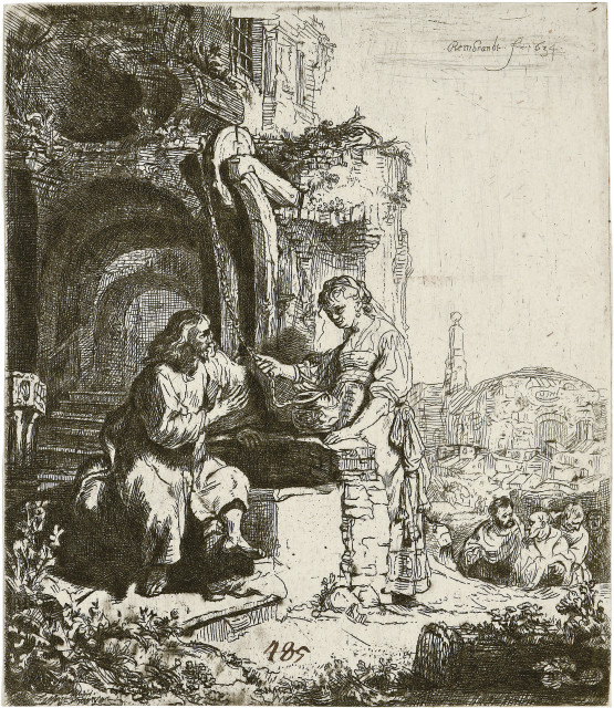 Rembrandt Harmensz. van Rijn : Christus und die Samariterin in Ruinen, 1634 