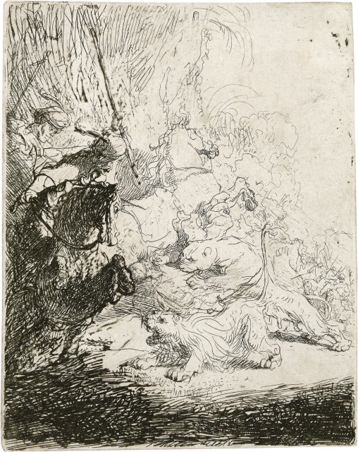 Rembrandt Harmensz. van Rijn : Die kleine Löwenjagd, mit zwei Löwen, Um 1632 