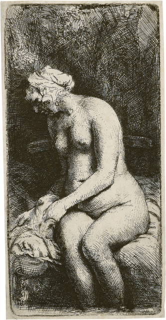 Rembrandt Harmensz. van Rijn  : Nackte Frau im Freien mit den Füssen in  ..., 1658 