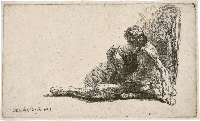 Rembrandt Harmensz. van Rijn : Männlicher Akt, am Boden sitzend, 1646 