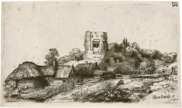 Rembrandt Harmensz. van Rijn  : Die Landschaft mit dem viereckigen Turm , 1650 