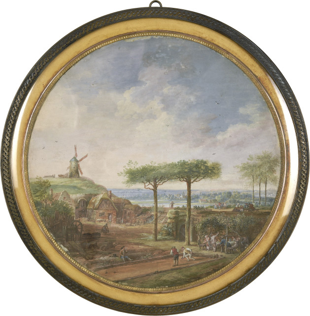 Henri Désiré van Blarenberghe : Kegelbahn in Landschaft, mit Windmühle, Um 1790 