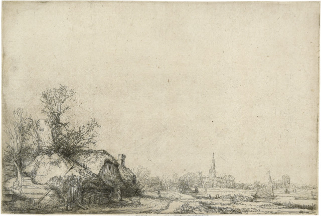 Rembrandt Harmensz. van Rijn  : Bauernhaus neben einem Kanal, mit Blick auf  ..., Um 1641 