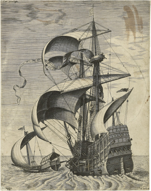 Nach Pieter Brueghel d. Ä., gestochen von Frans Huys  : Navire à trois mats armé en pleine mer,  ..., 1561-1565 