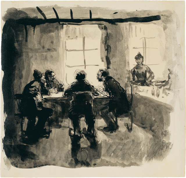 Käthe Kollwitz : Vier Männer in einer Kneipe, 1892-1893 