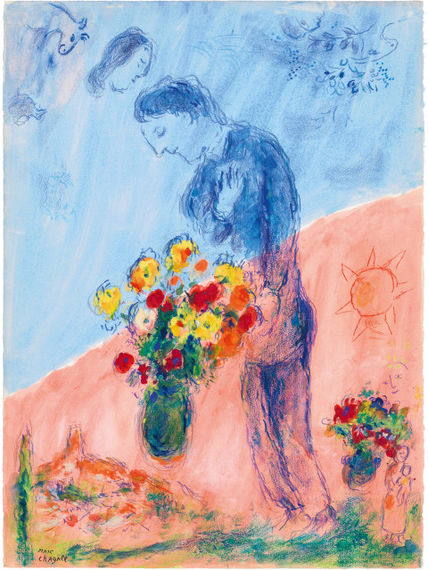 Marc Chagall : Amoureux aux bouquets dans le ciel aux deux ..., 1974-1976 
