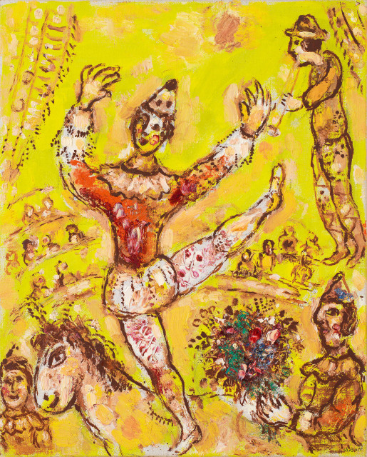 Marc Chagall  : L'écuyère-clown sur fond jaune , 1968 