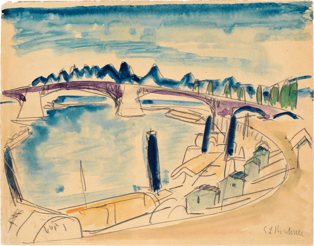 Ernst Ludwig Kirchner : Bucht mit Ufergebäuden und Brücke, Um 1910 - 1912 