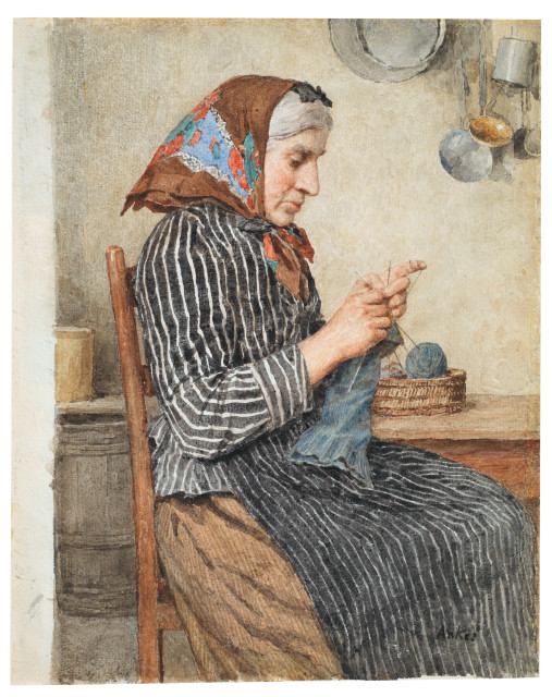 Albert Anker  : Eine Bäuerin aus Ins beim Stricken in der K� ..., Um 1900 