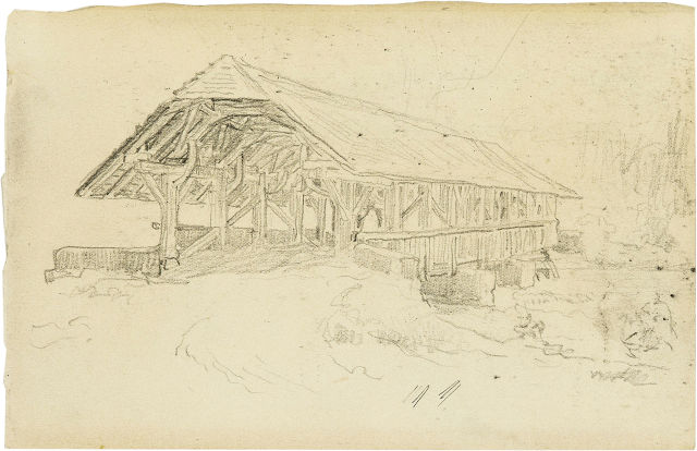 Albert Anker : Holzbrücke, wohl über die Emme, Um 1896 