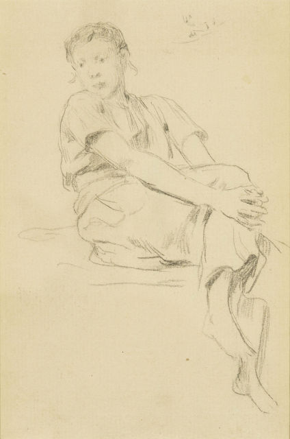 Albert Anker : Sitzendes Mädchen, das Knie haltend (recto) ..., 1897 
