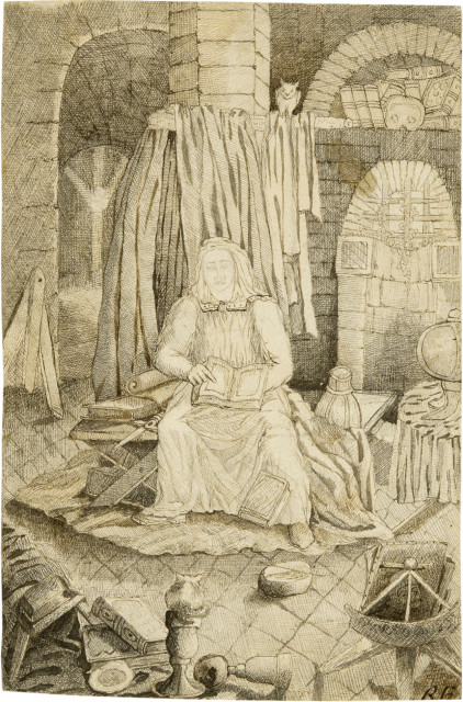 Rodolphe Bresdin : Alchimiste assis dans une voûte, entouré ..., Um 1850-1860 