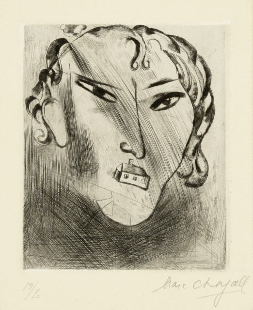 Marc Chagall : Selbstbildnis mit Haus im Gesicht, 1922/1923 