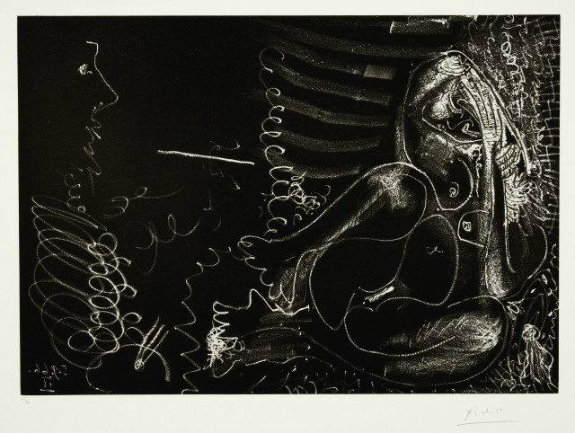 Pablo Picasso : Peintre en demi-figure et modèle, Mougins, 5. September 1966 