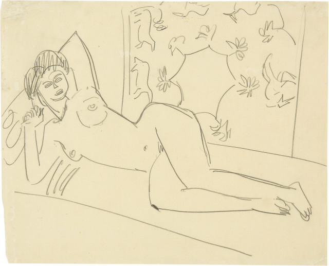 Ernst Ludwig Kirchner : Liegender Akt nach links mit dekoriertem ..., Um 1910 