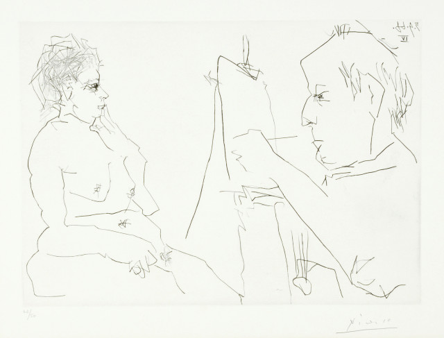 Pablo Picasso  : Modèle et peintre chauve , 5. September 1966 