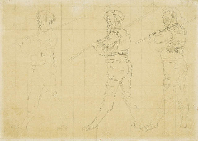 Ferdinand Hodler : Drei Krieger - Skizze für den 'Rückzug bei ..., Um 1897 