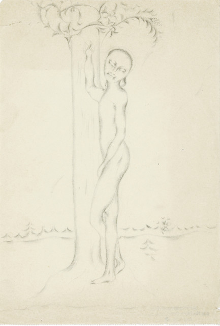 Otto Meyer-Amden : Stehender Knabenakt, an einen Baum gelehnt, Um 1913-1917 