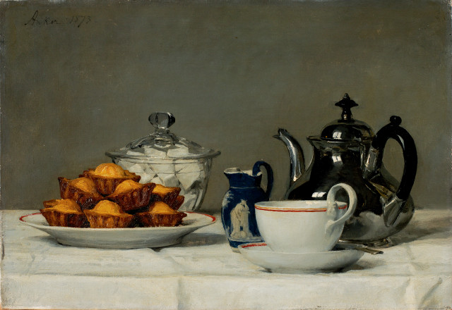 Albert Anker  : Stillleben: Tee und Schmelzbrötchen - auch  ..., 1873 