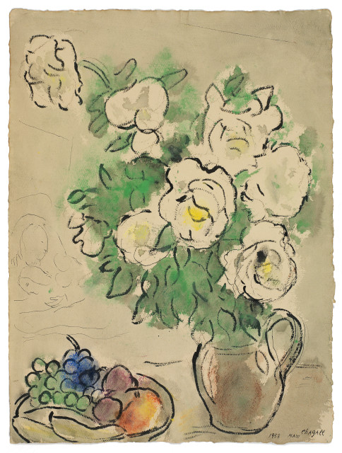 Marc Chagall  : Roses blanches et nature morte - ou Fleurs  ..., 1953 