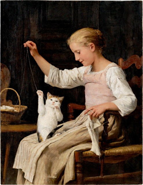 Albert Anker : Mädchen mit Katze spielend - Le petit ami, 1887