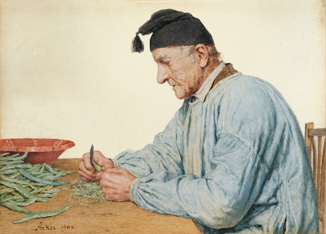 Albert Anker : Seeländer Bauer beim Bohnenrüsten, 1904