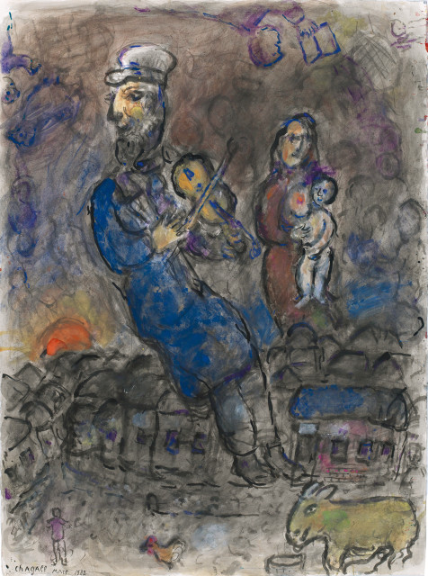 Marc Chagall : Violoniste et maternité au-dessus des toits, 1982 